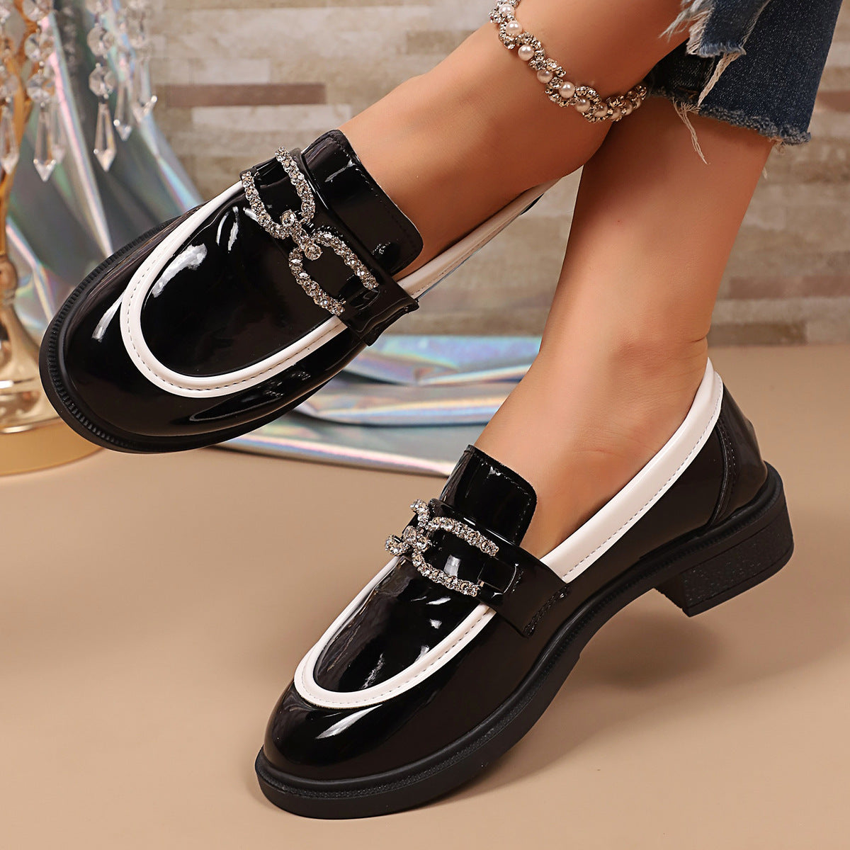 Color Matching Platform Leather Shoes Women Loafers Metal Buckle Slip on British Low Top Shoes  DestGlow