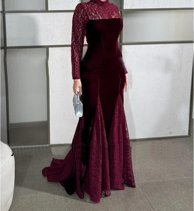 Wine Red Lace Long Sleeve Fishtail Evening Dress Autumn Winter Toast Dress Engagement Dress  DestGlow