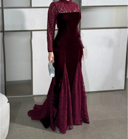 Wine Red Lace Long Sleeve Fishtail Evening Dress Autumn Winter Toast Dress Engagement Dress  DestGlow