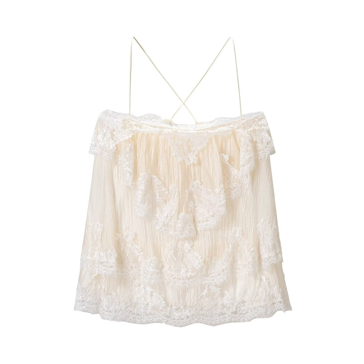 French Romantic Lace Strap Dress Layered Ruffled Backless Lace up Short Dress  DestGlow
