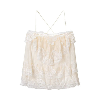 French Romantic Lace Strap Dress Layered Ruffled Backless Lace up Short Dress  DestGlow