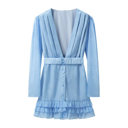 Waist Controlled Long Sleeves Ruffled Short Dress Early Autumn  DestGlow