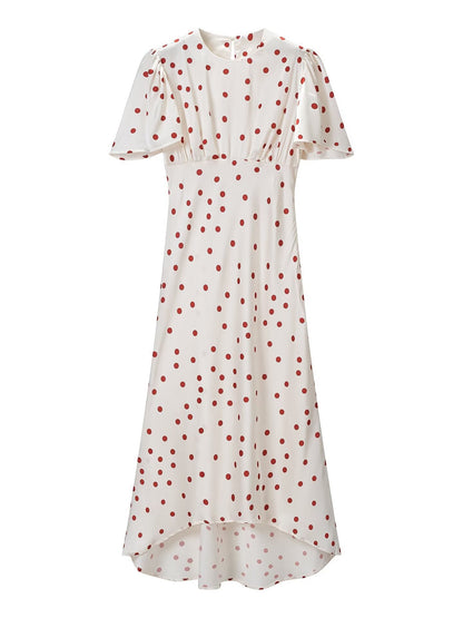 Women Clothing Summer Sweet Niche round Neck Polka Dot Print Stringy Selvedge Dress  DestGlow