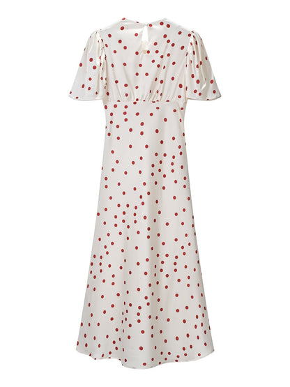 Women Clothing Summer Sweet Niche round Neck Polka Dot Print Stringy Selvedge Dress  DestGlow