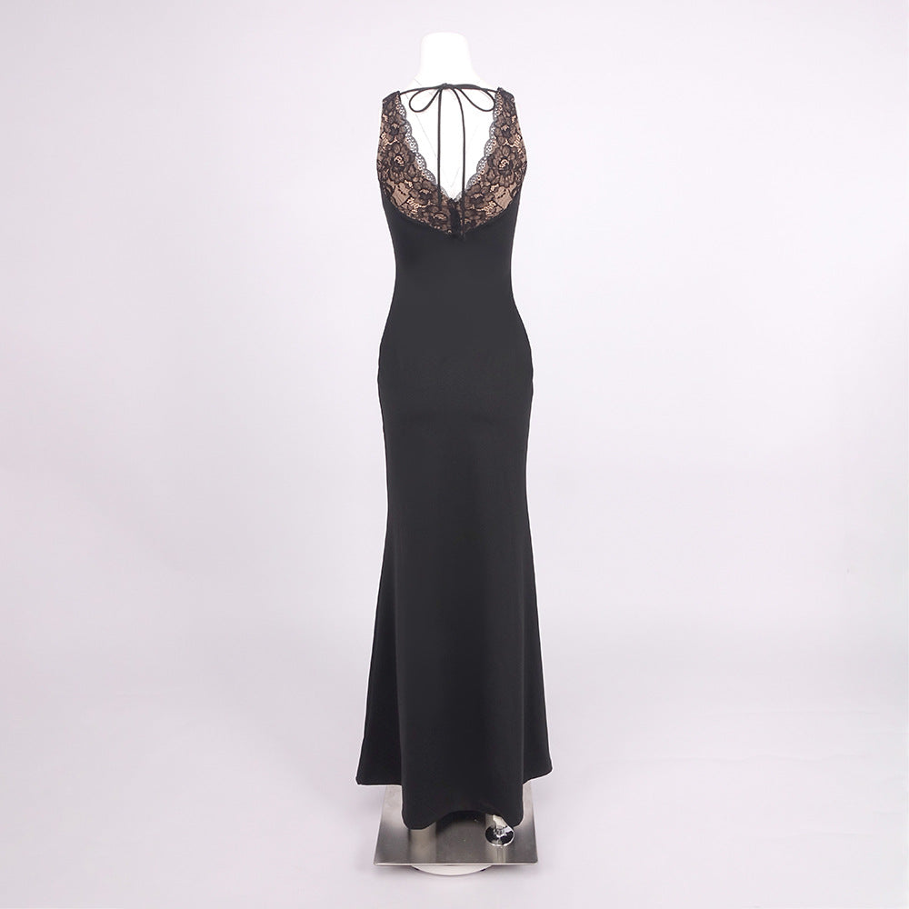 Black Lace V neck Suspender Fishtail Dress Slim Fit Draping Mop Long Evening Dress Women Clothing  DestGlow