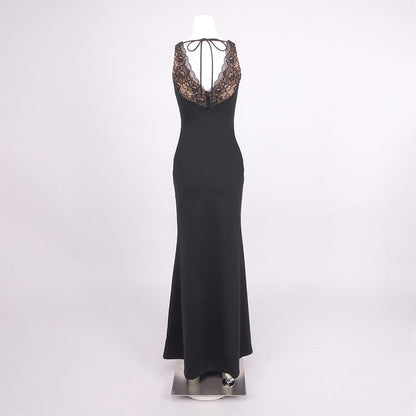 Black Lace V neck Suspender Fishtail Dress Slim Fit Draping Mop Long Evening Dress Women Clothing  DestGlow