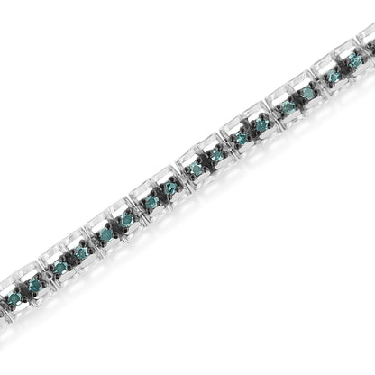Black Rhodium over .925 Sterling Silver 1.0 Cttw Rose Cut Diamond Double-Link 7" Tennis Bracelet (Blue Color, I1-I2 Clarity) by Bids.com