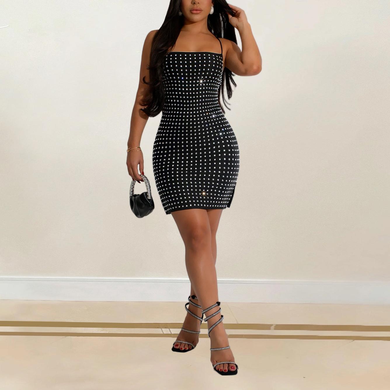 Women Sexy Strap Dress Rhinestone Short Strap Dress  DestGlow