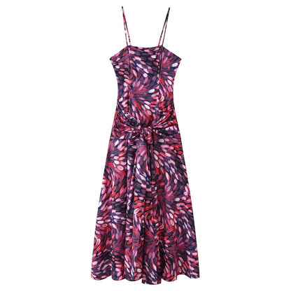 Women Clothing Autumn Sexy Printed Waist Strap Large Swing Dress  DestGlow