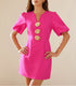 Autumn V neck Slimming Heavy Industry Button Gold Feeling Puff Sleeve Dress  DestGlow