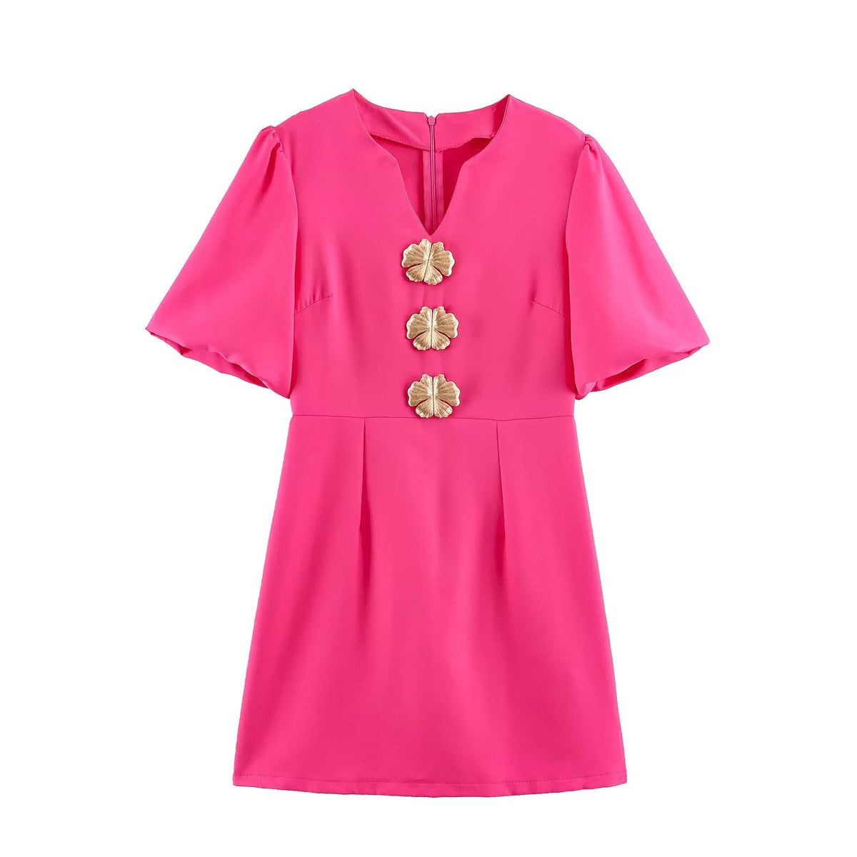 Autumn V neck Slimming Heavy Industry Button Gold Feeling Puff Sleeve Dress  DestGlow