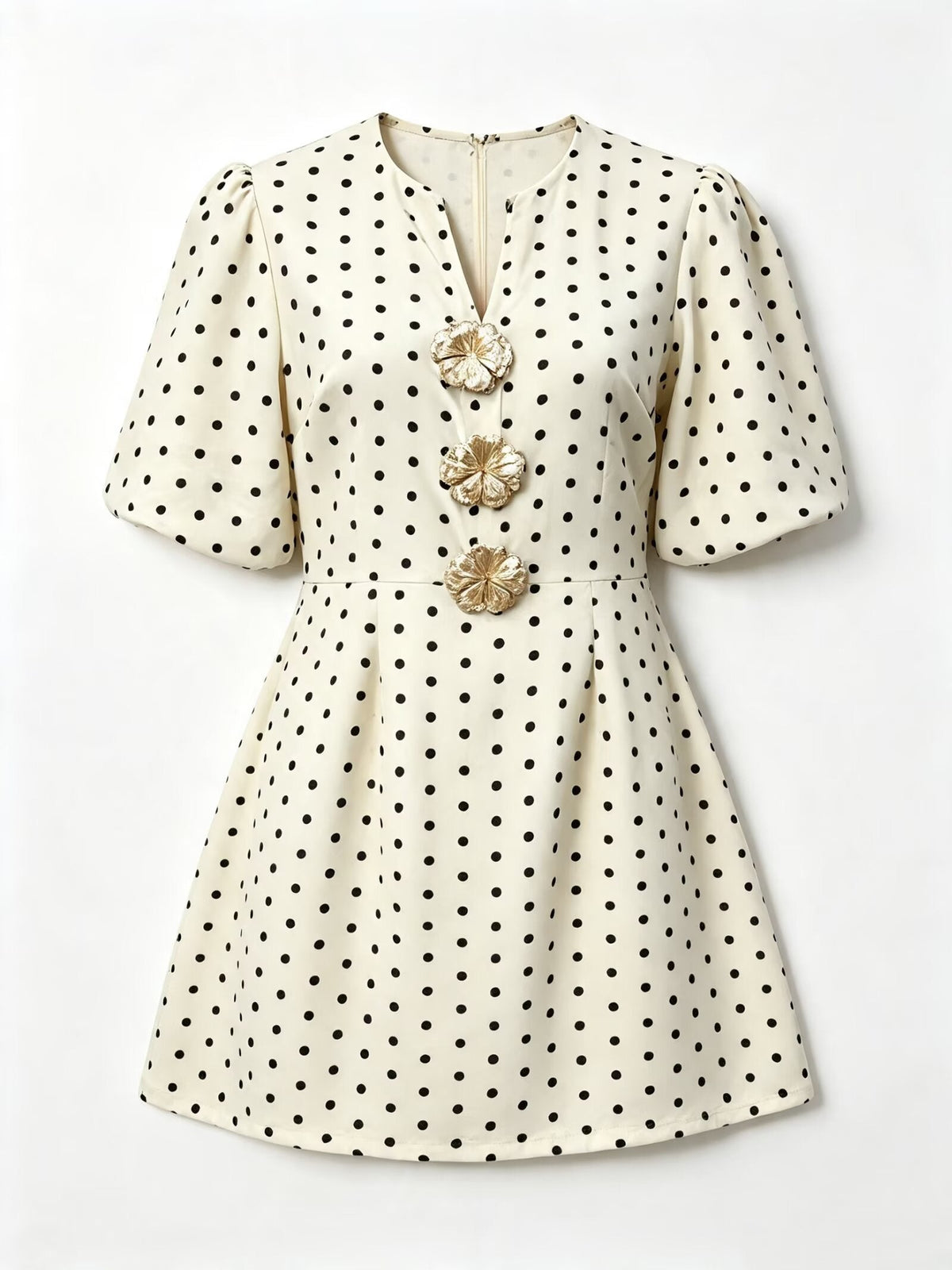 Autumn V neck Slimming Heavy Industry Button Gold Feeling Puff Sleeve Dress  DestGlow