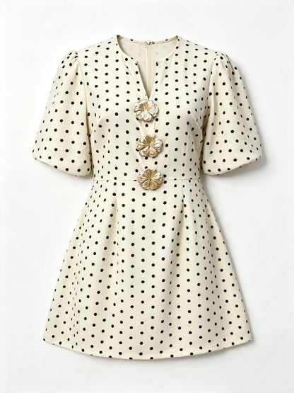 Autumn V neck Slimming Heavy Industry Button Gold Feeling Puff Sleeve Dress  DestGlow