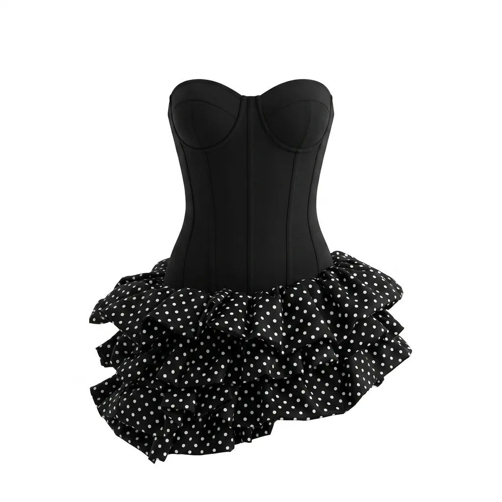 Summer Tube Top Boning Corset Polka Dot Short Dress Women Summer Slim Fit Waist Double Layer Pettiskirt Sweet Cool Birthday Photo  DestGlow