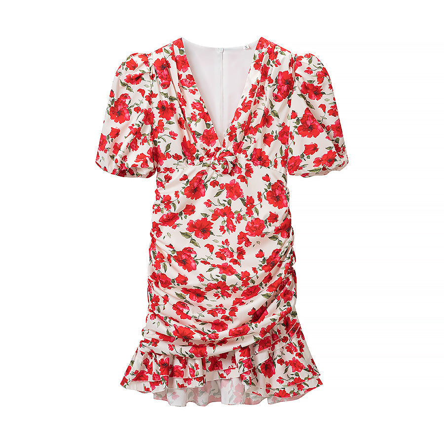 Women Clothing Summer Fashionable Elegant Slim Fit Slimming Deep V Plunge neck Printed Dress  DestGlow