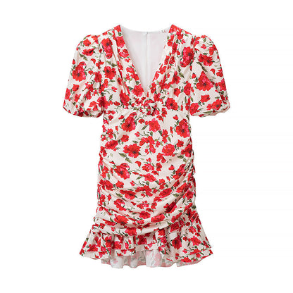 Women Clothing Summer Fashionable Elegant Slim Fit Slimming Deep V Plunge neck Printed Dress  DestGlow