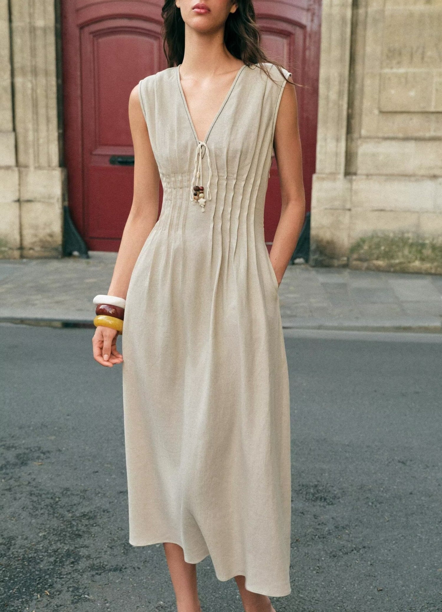 Women Clothing Autumn Casual Sleeveless V neck Pleated Midi Dress  DestGlow