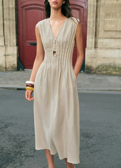 Women Clothing Autumn Casual Sleeveless V neck Pleated Midi Dress  DestGlow