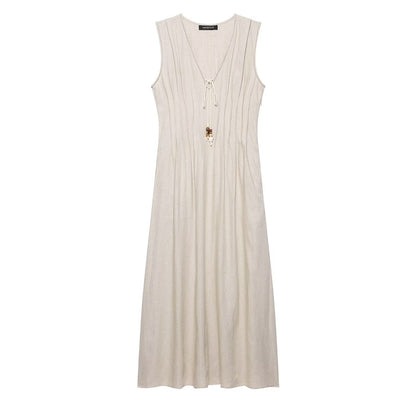 Women Clothing Autumn Casual Sleeveless V neck Pleated Midi Dress  DestGlow