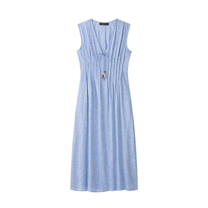 Women Clothing Autumn Casual Sleeveless V neck Pleated Midi Dress  DestGlow