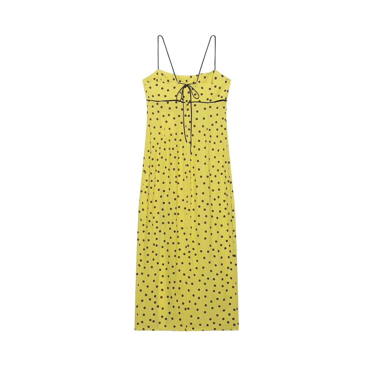 Early Autumn Women Clothing Sweet Straight Collar Polka Dot Trim Midi Dress Strap Dress  DestGlow