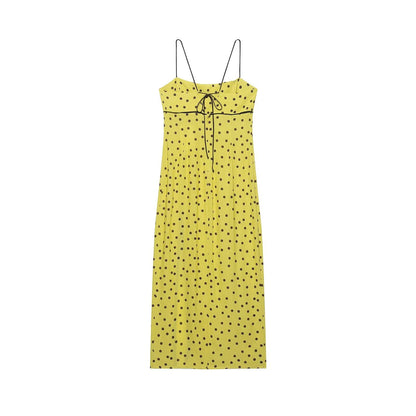 Early Autumn Women Clothing Sweet Straight Collar Polka Dot Trim Midi Dress Strap Dress  DestGlow