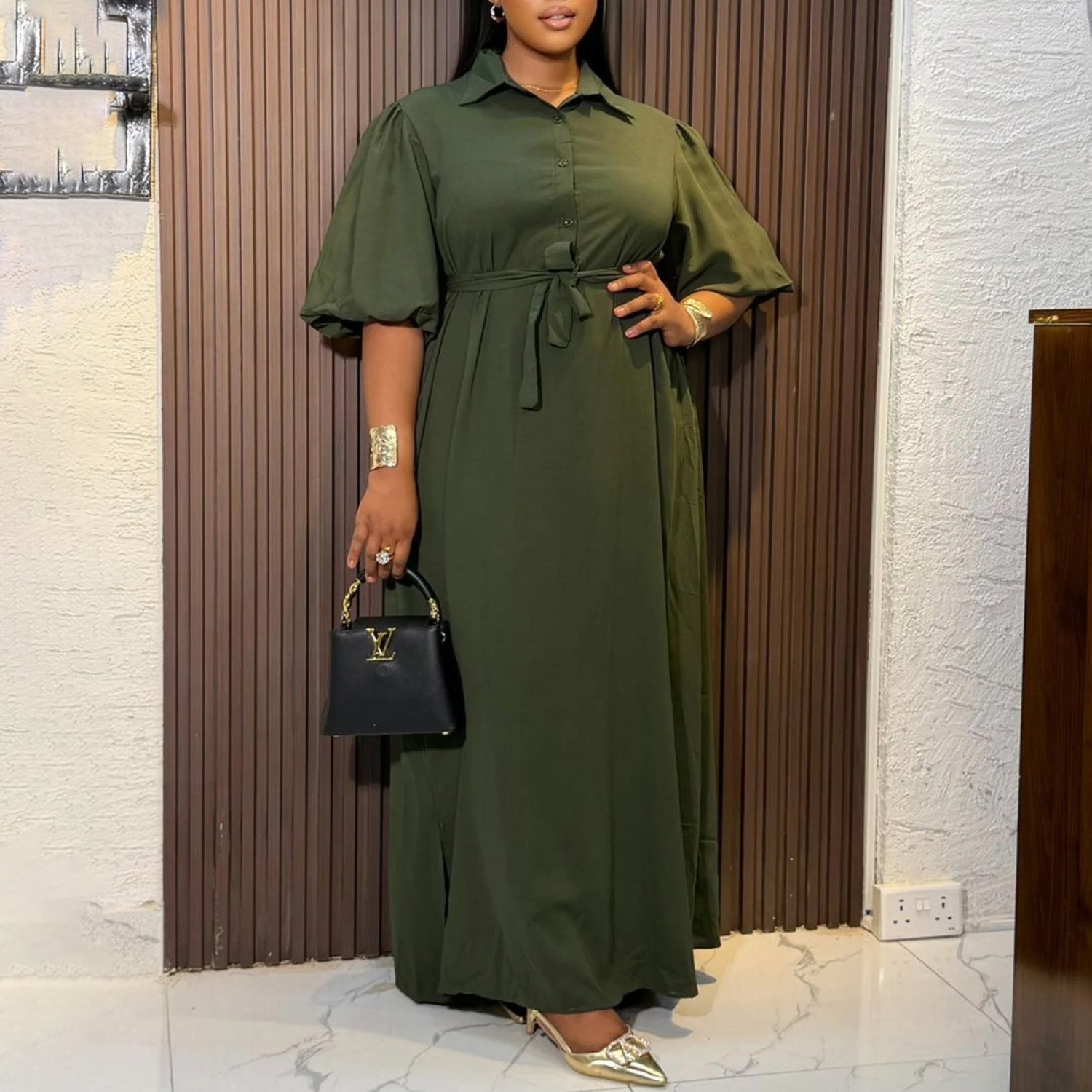 Women Wear Elegant Solid Color Polo Collar Loose Maxi Dress  DestGlow