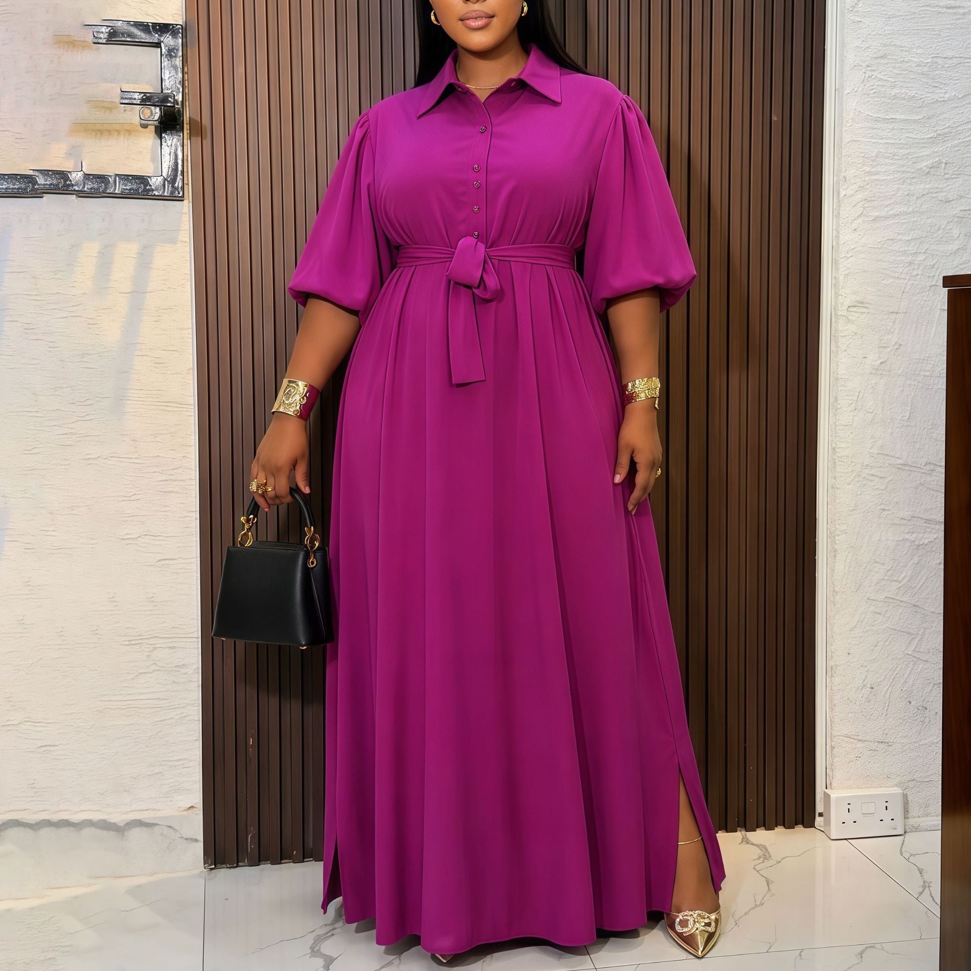 Women Wear Elegant Solid Color Polo Collar Loose Maxi Dress  DestGlow