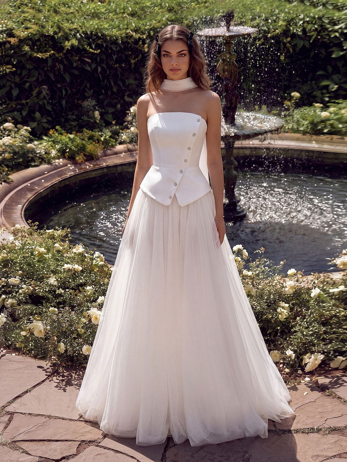 Vintage Girlish White Light Gown Strapless Satin Vest Top Puff Mesh Maxi Dress  DestGlow