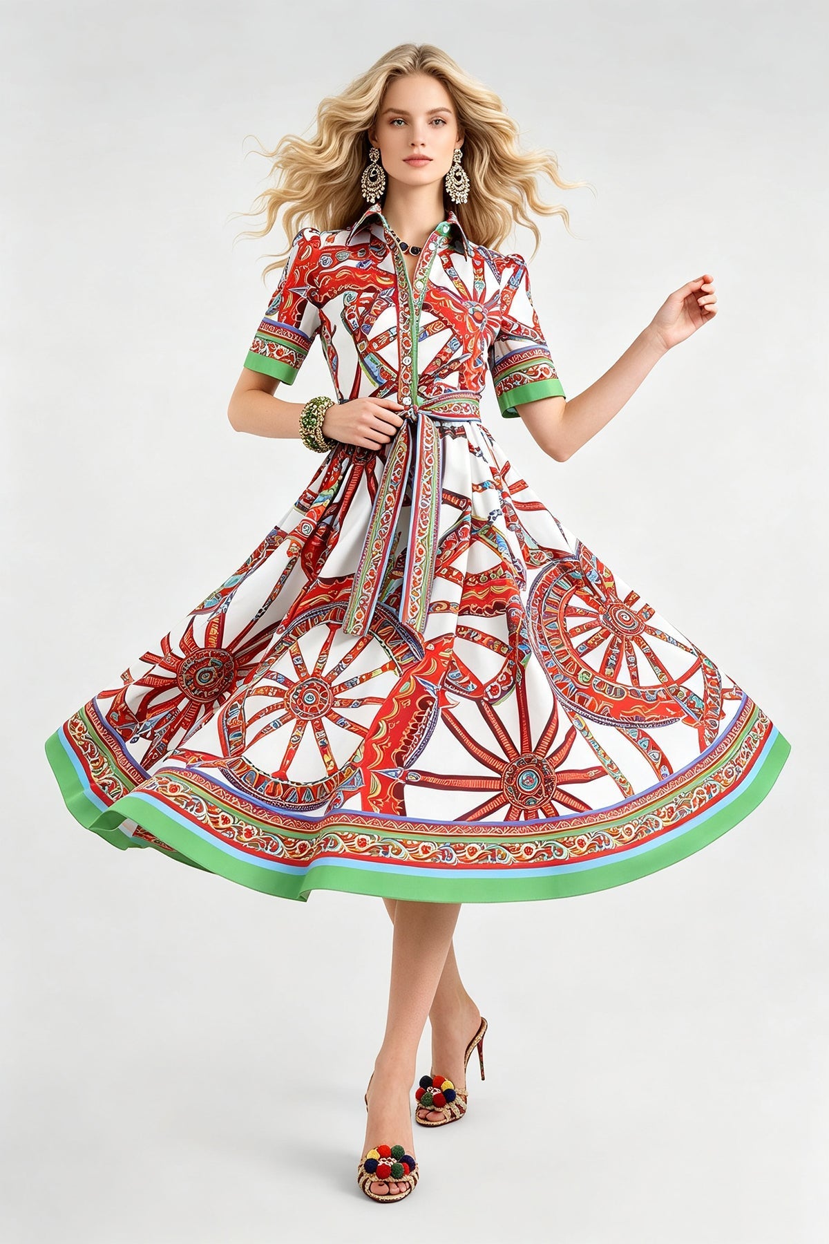 Women Summer Printed Collar Neck Blouse Paired With A Line Dress  DestGlow