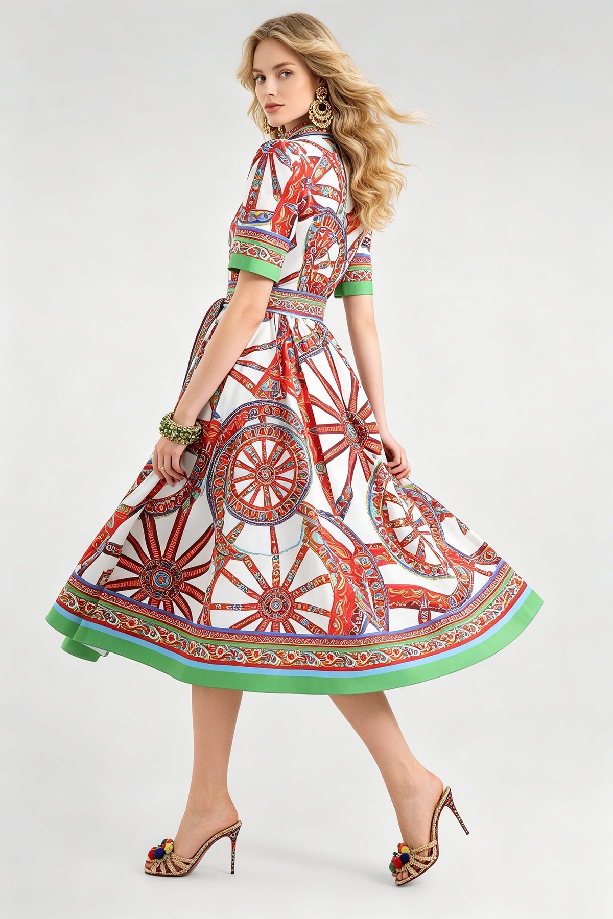 Women Summer Printed Collar Neck Blouse Paired With A Line Dress  DestGlow
