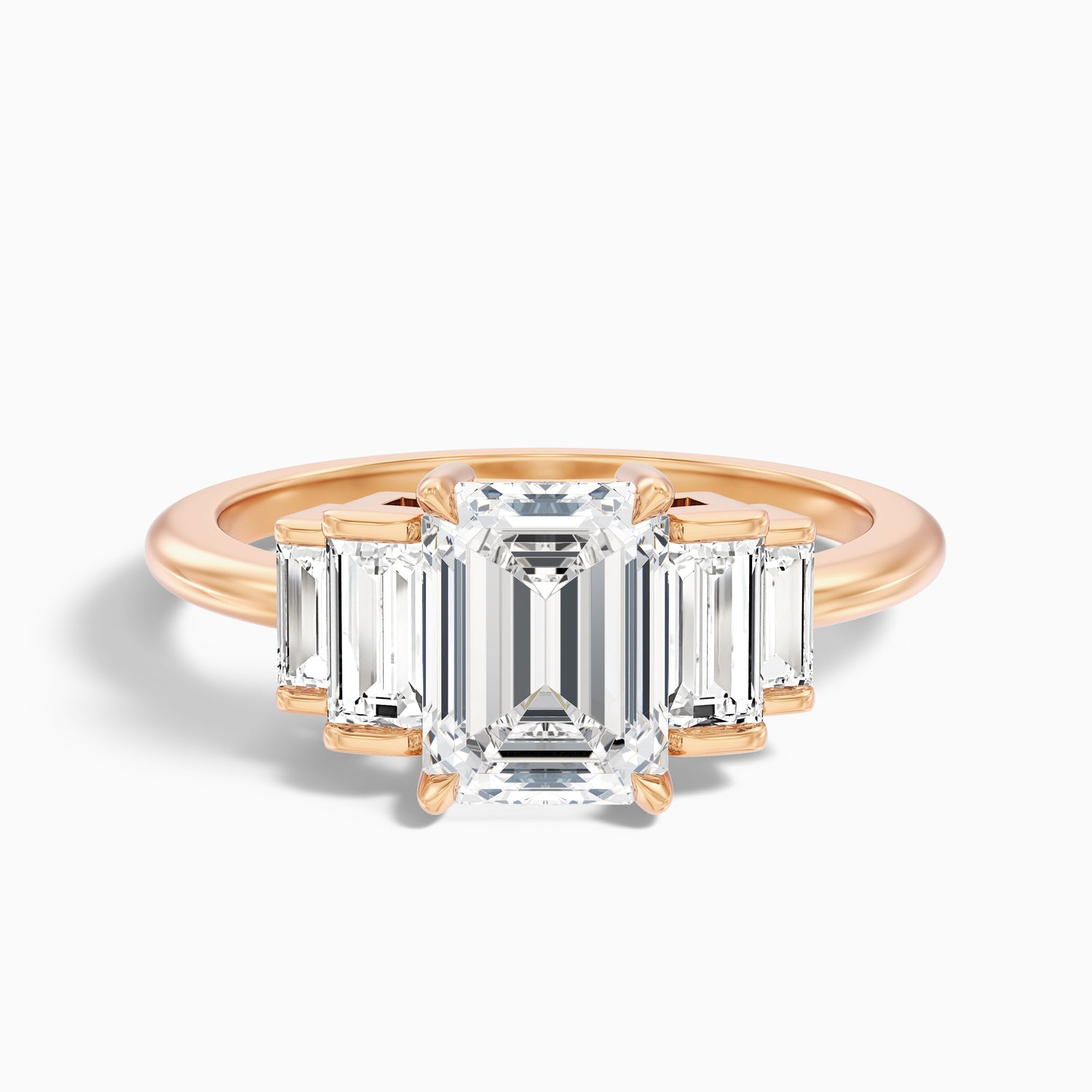 Riley 2 Carat Five Stone Emerald With Baguette Side Stones Moissanite Diamond Ring in 18k Rose Gold