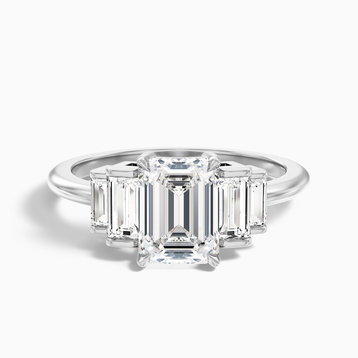 Riley 4 Carat Five Stone Emerald With Baguette Side Stones Moissanite Diamond Ring in Platinum