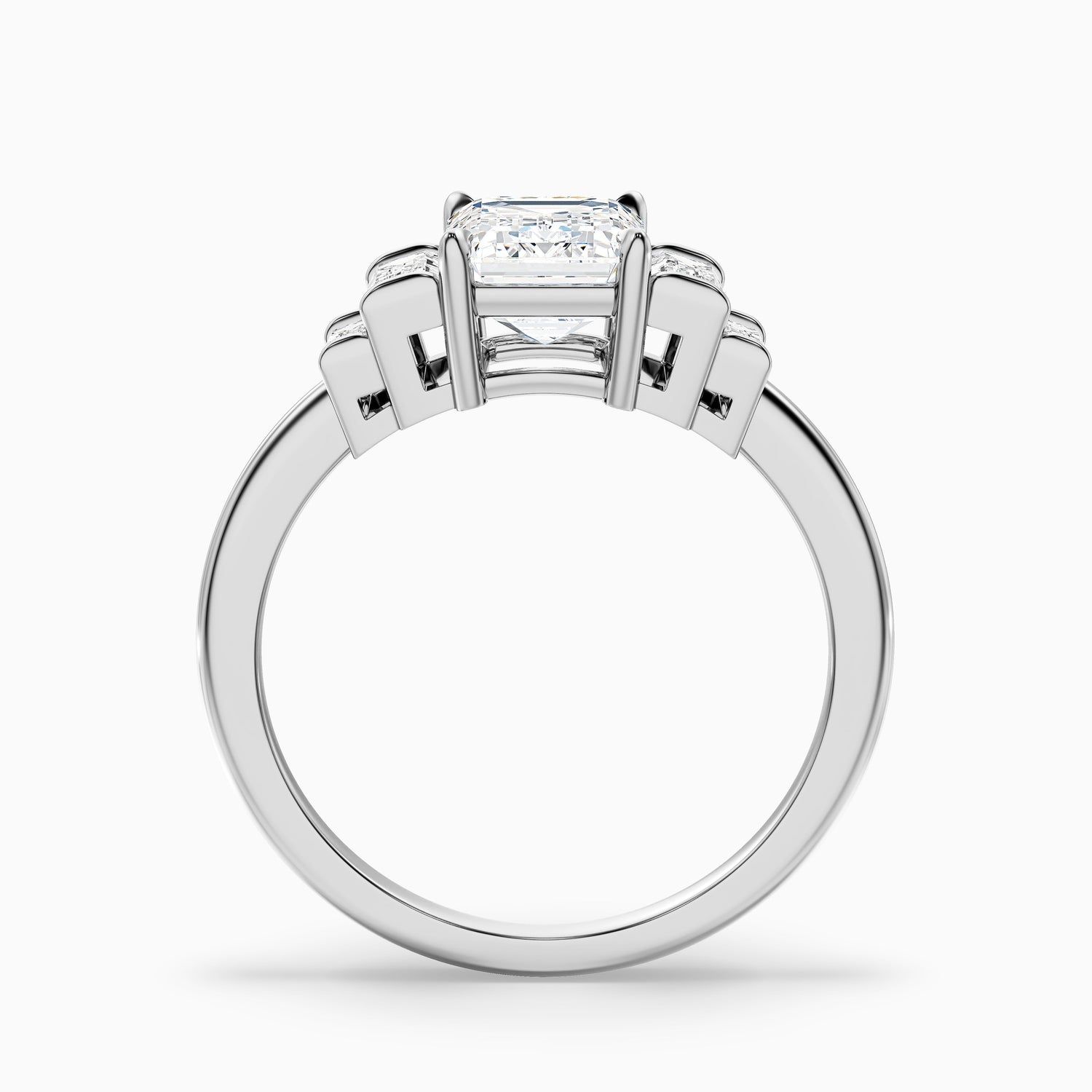 Riley 3 Carat Five Stone Emerald With Baguette Side Stones Moissanite Diamond Ring in 14k White Gold