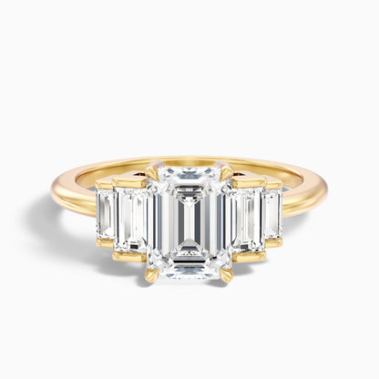 Riley 4 Carat Five Stone Emerald With Baguette Side Stones Moissanite Diamond Ring in 14k Rose Gold