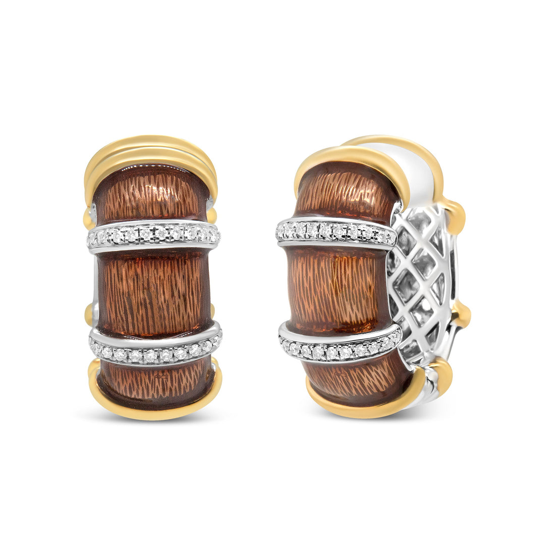 18K Yellow and White Gold Flash Plated .925 Sterling Silver Clear Brown Enamel 9/10 Cttw Round Diamonds Huggie Hoop Earrings (F-G Color, VS1-VS2 Clarity) by Bids.com