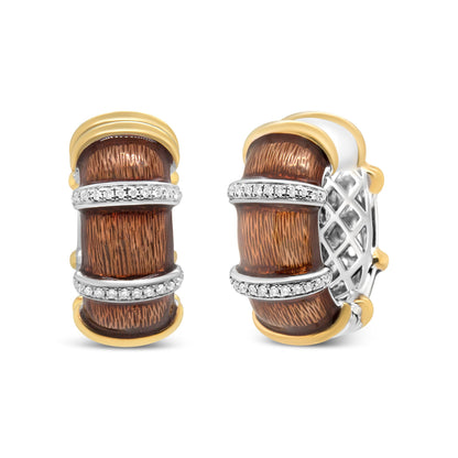 18K Yellow and White Gold Flash Plated .925 Sterling Silver Clear Brown Enamel 9/10 Cttw Round Diamonds Huggie Hoop Earrings (F-G Color, VS1-VS2 Clarity) by Bids.com