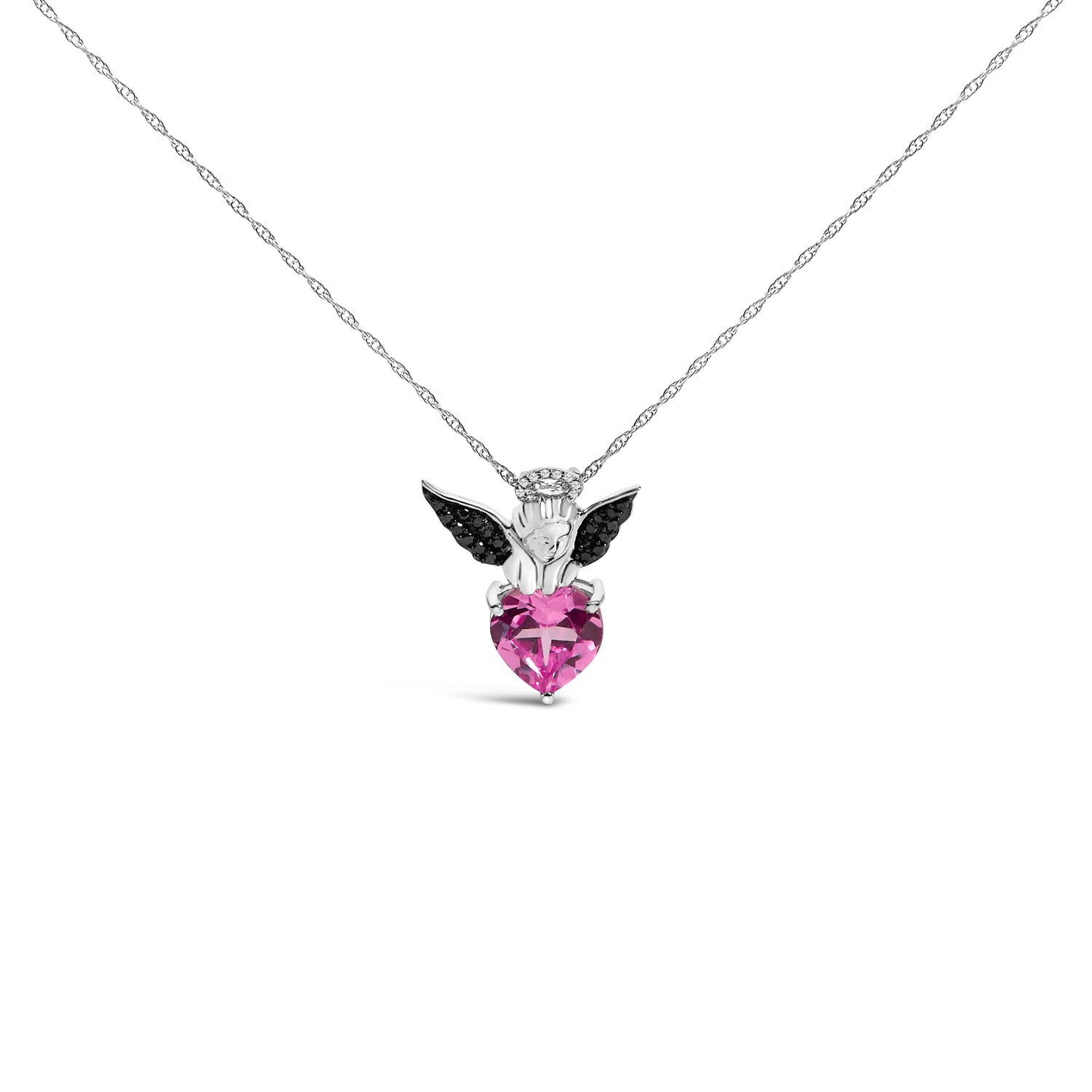 Sterling Silver Diamond Accent &amp; Created Pink Sapphire Angel Heart Pendant Necklace