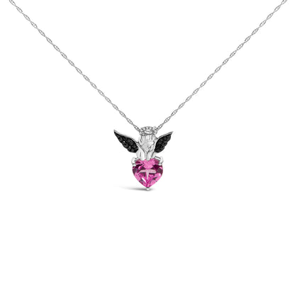 Sterling Silver Diamond Accent &amp; Created Pink Sapphire Angel Heart Pendant Necklace