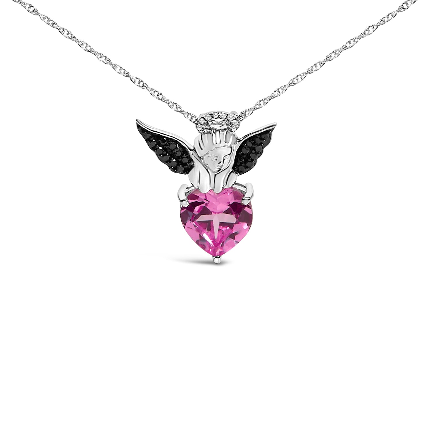 Sterling Silver Diamond Accent &amp; Created Pink Sapphire Angel Heart Pendant Necklace