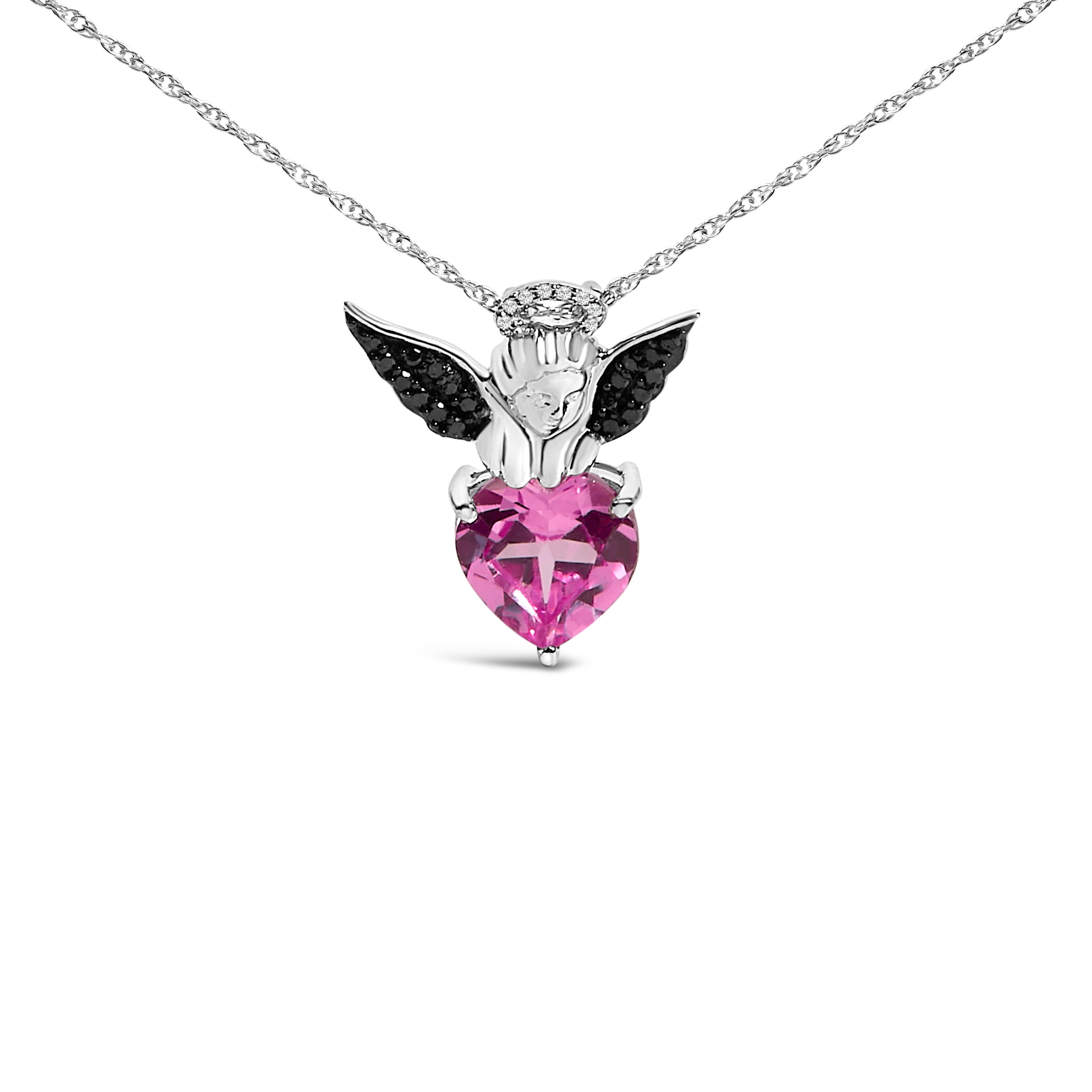 Sterling Silver Diamond Accent &amp; Created Pink Sapphire Angel Heart Pendant Necklace