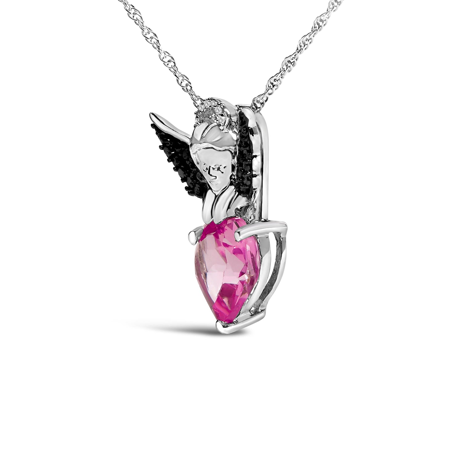 Sterling Silver Diamond Accent &amp; Created Pink Sapphire Angel Heart Pendant Necklace