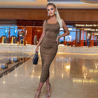 Summer Sexy Women Wear Solid Color Tight Backless Sleeveless Pleated Dress by Ragazza