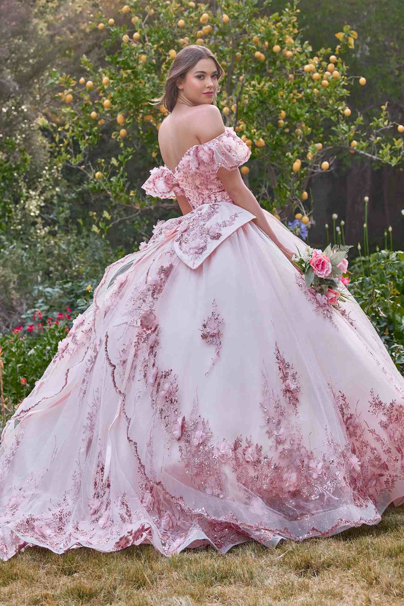 Ladivine 15701 Floral Off the Shoulder A-line Quince Ball Gown by DiscountDressShop