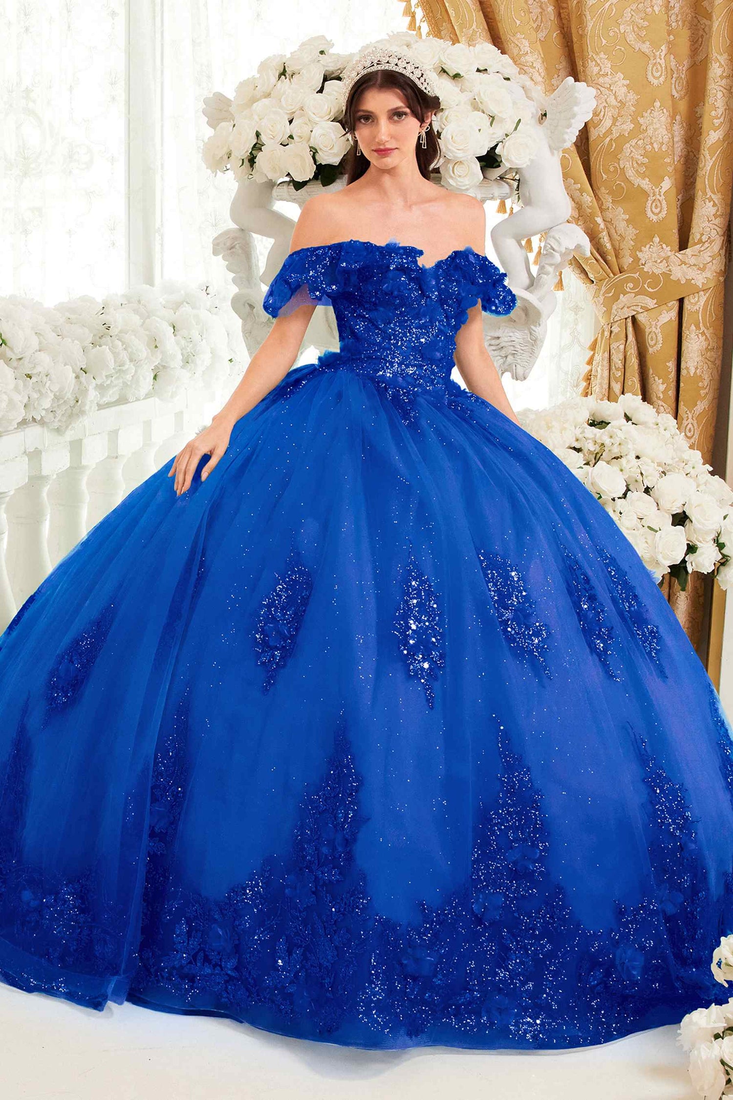 Ladivine 15701 Floral Off the Shoulder A-line Quince Ball Gown by DiscountDressShop