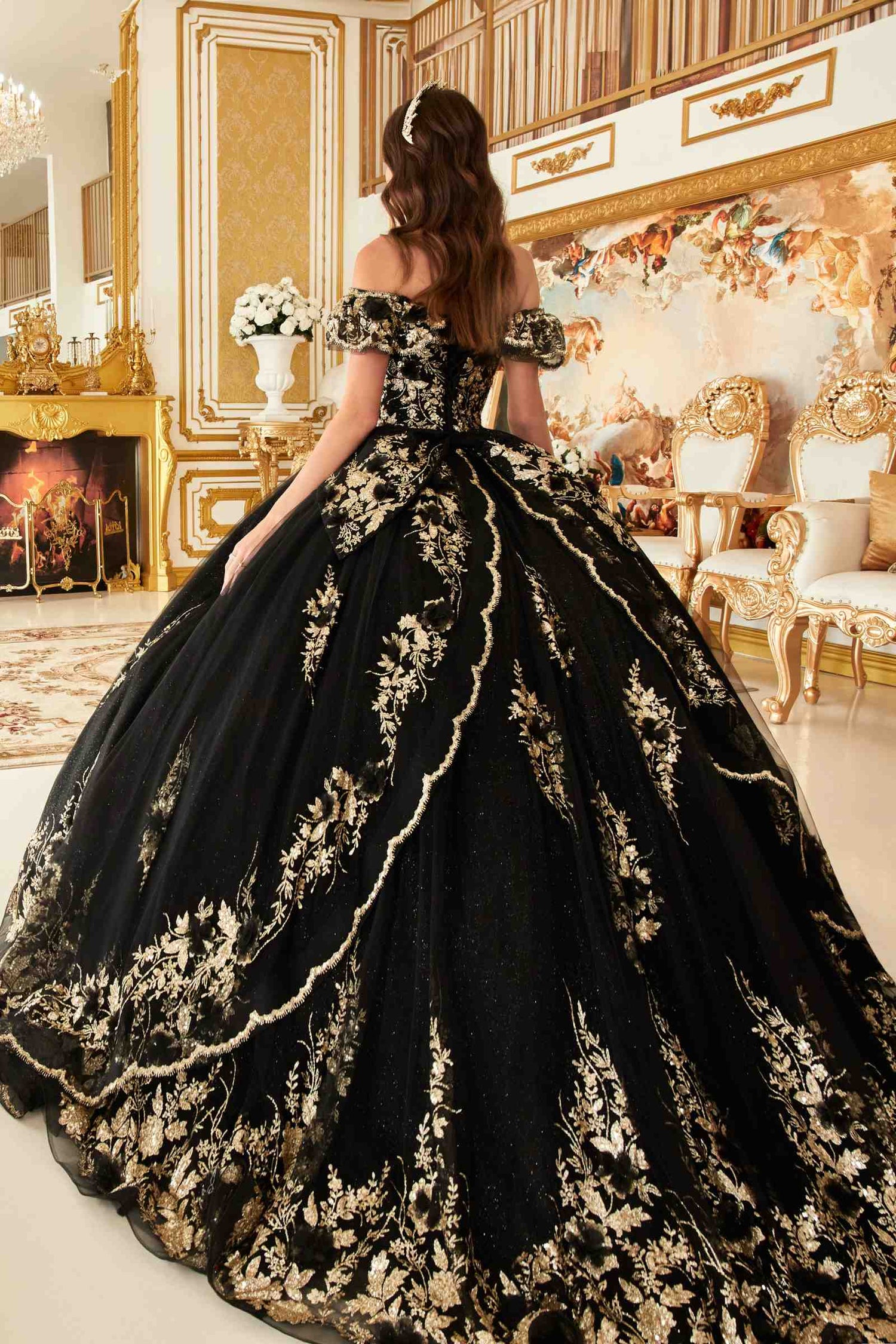 Ladivine 15701 Floral Off the Shoulder A-line Quince Ball Gown by DiscountDressShop