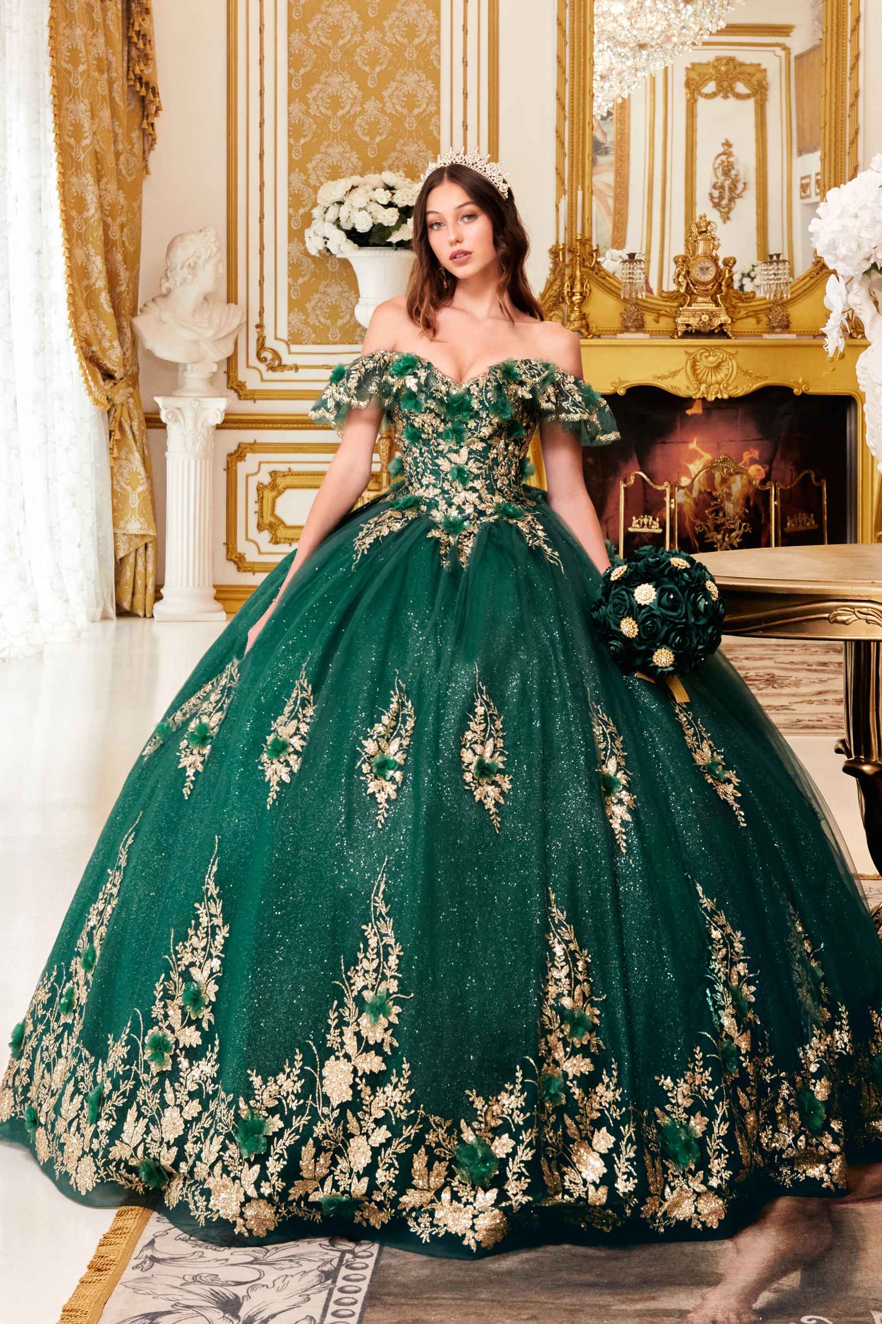 Ladivine 15701 Floral Off the Shoulder A-line Quince Ball Gown by DiscountDressShop