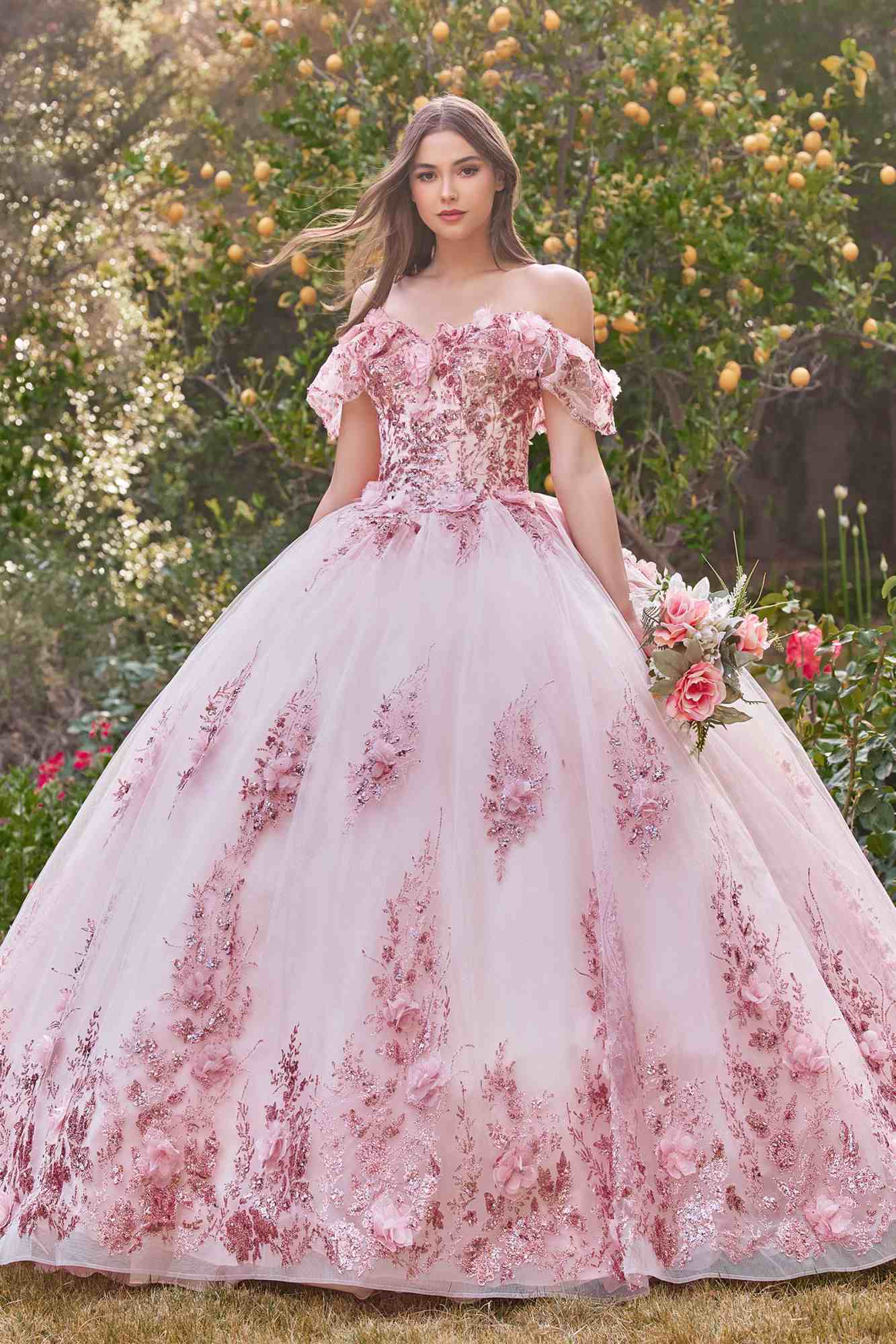 Ladivine 15701 Floral Off the Shoulder A-line Quince Ball Gown by DiscountDressShop