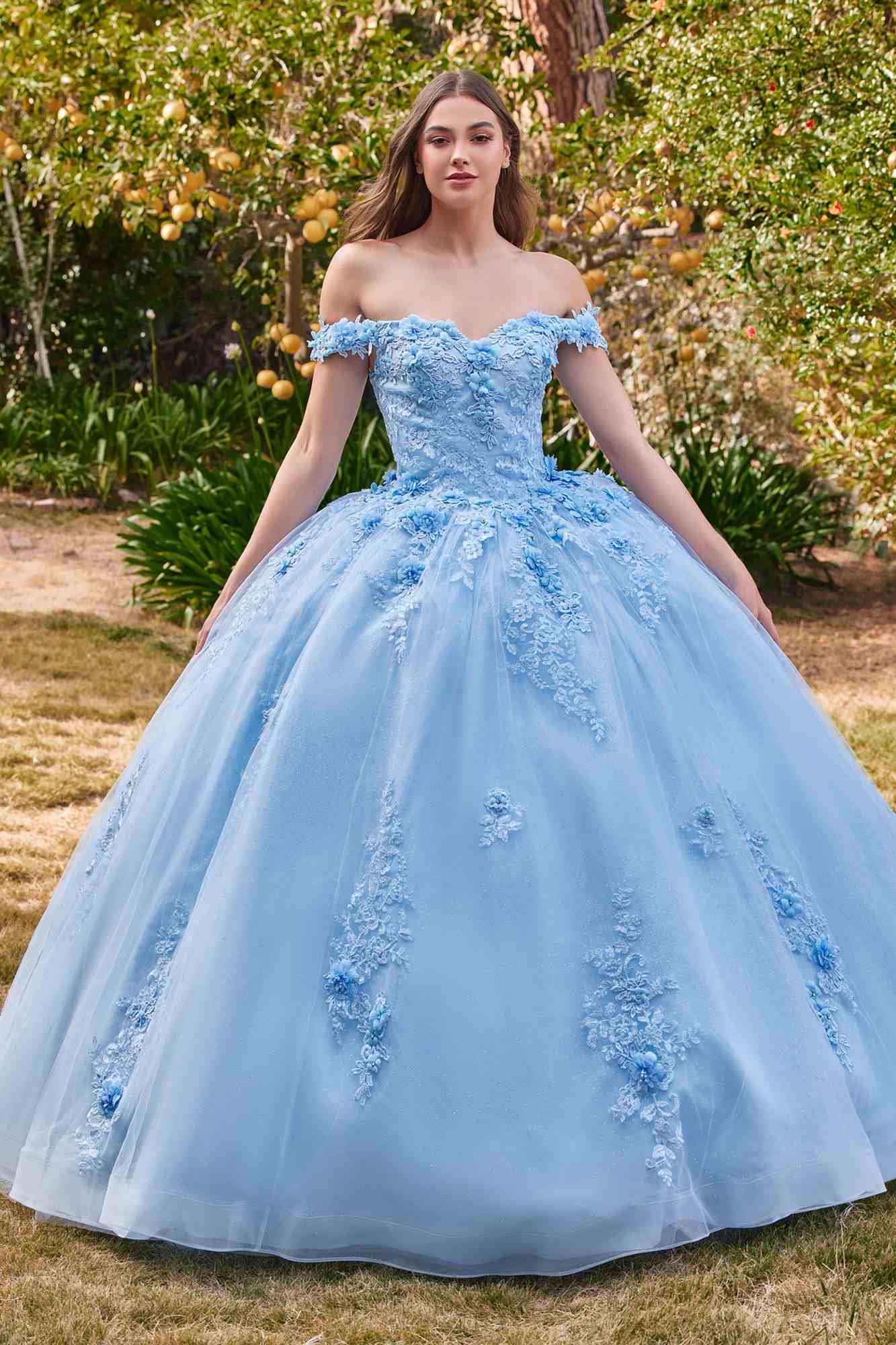 Ladivine 15702 Floral Off the Shoulder Floral Quince Ball Gown by DiscountDressShop