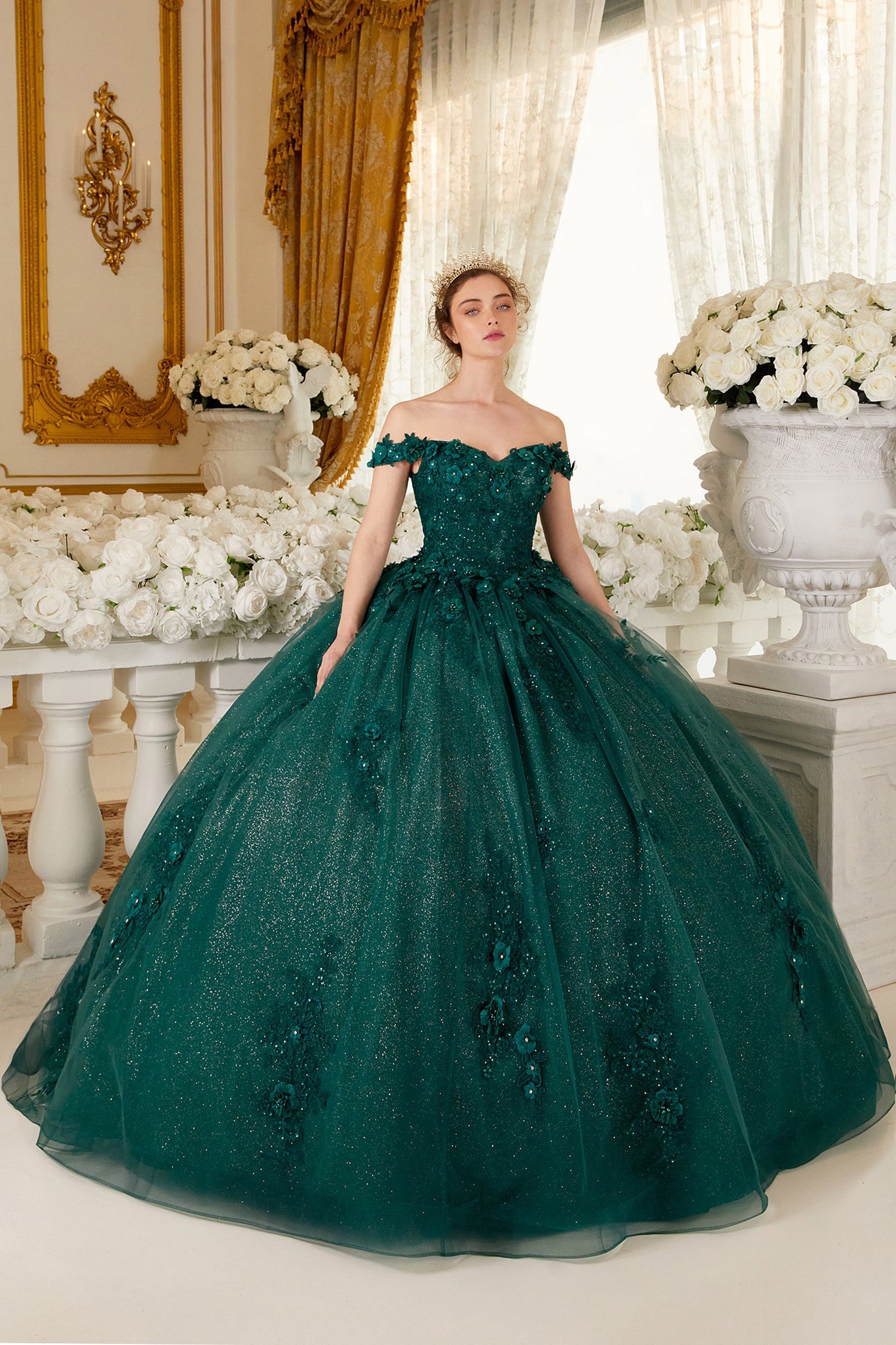 Ladivine 15702 Floral Off the Shoulder Floral Quince Ball Gown by DiscountDressShop